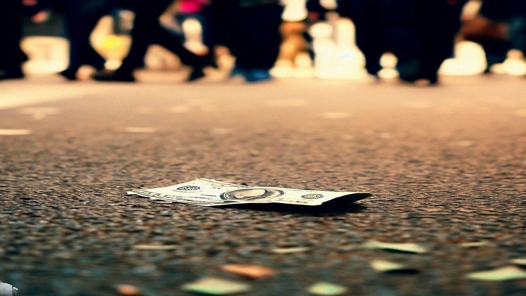 A piece of money lying on a street full of pedestrians. Form of integrity. Integritas.